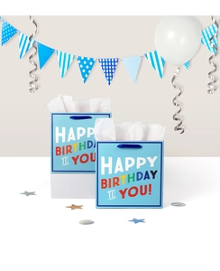 Detail of light blue Happy Birthday gift bags with satin handles and white tissue paper