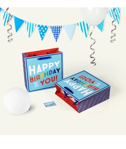 Blue Happy Birthday gift bag with satin handles and matching mini greeting card