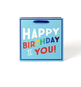 Close-up of blue Happy Birthday gift bag with colorful lettering and blue ribbon handle
