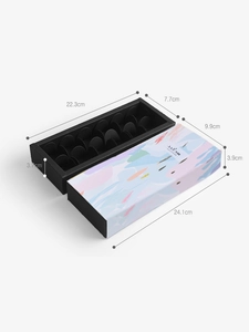 Detailed view of drawer gift box dimensions with colorful abstract watercolor pattern cover