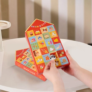 Red house-shaped 24-day advent calendar surprise box with cute cartoon patterns