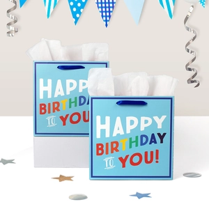 Blue Happy Birthday gift bags with white tissue paper and ribbon handles on white stairs