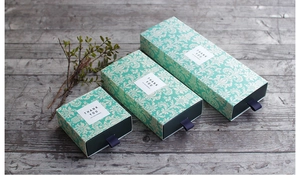 Three sizes of teal damascus pattern drawer gift boxes with purple silk pull loops