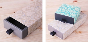 Detail of drawer gift box with vintage patterns, rectangle shape and silk ribbon handles