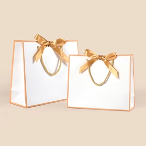 White Cardboard Gift Bag With Satin Bow Knot Contrast Border Paper Handle Bag For Birthday Wedding Party Favors Gift Wrap