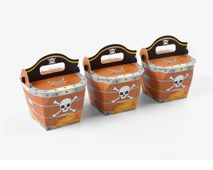 Detailed view of pirate treasure gift boxes with wood grain texture and skull handles