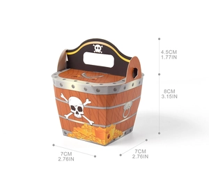 Detailed dimension guide for pirate treasure chest paper gift box with handle and wood print