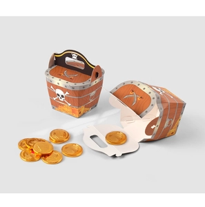 Detail view of pirate themed treasure box with wood grain pattern and skull design