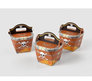 Three pirate treasure gift boxes with wood grain, gold coins, and skull hats for parties