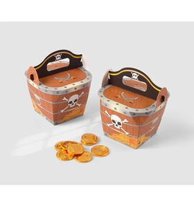 Detailed view of pirate treasure gift box with wood grain and skull pattern