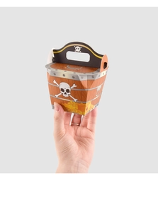 Detail of pirate themed gift box with wood grain pattern and skull crossbone design