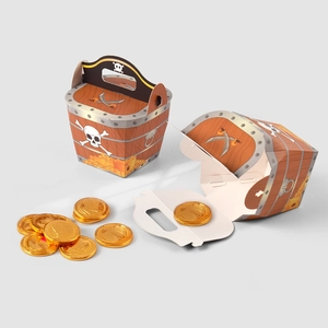Pirate treasure chest gift boxes with wood grain texture and gold coin motifs