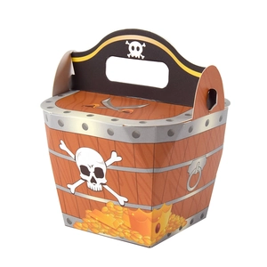 Pirate treasure gift box with wood grain pattern, skull and gold coins illustrations