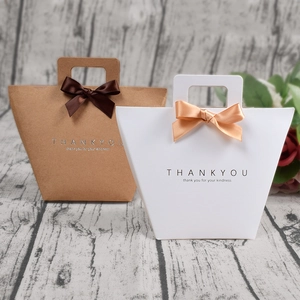 Tragbare Kraftpapier Geschenktüte Mit Schleife Thank You Buchstaben Druck Trapez Tote Verpackung Box Für Hochzeit Geburtstag Party Favors Süßigkeiten Taschen