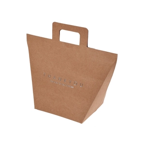 Trapezoidal brown kraft paper gift bag with silver Thank You print and handle
