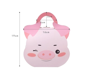 Pink cartoon pig gift box with integrated handle and 19cm height dimensions shown