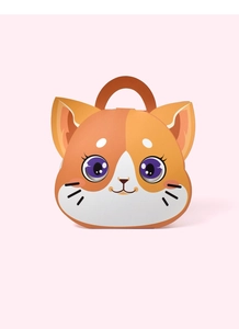 Close-up of cute cartoon cat gift box featuring orange details and a brown handle