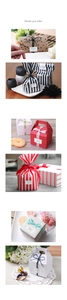 Macro view of square Thank You labels applied to various gift boxes and envelopes
