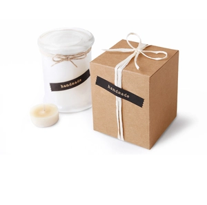 Set de vela artesanal minimalista con frasco de vidrio, caja kraft y cordel rústico