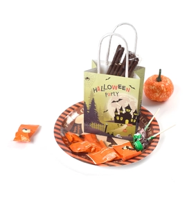 Close-up of Halloween gift bag set with castle prints, treats, and a Trick or Treat plate