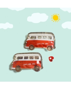 Macro detail of red bus-shaped gift bags with transparent windows and Gift For You text