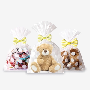 Polkadots verpakkingszakjes met strikken voor haarelastiekjes, knuffels en koekjes