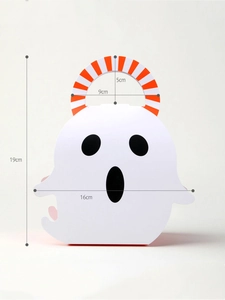 Detailed view of white ghost gift box with dimensions and orange striped handle