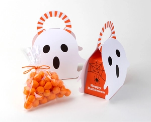 Ghost-shaped Halloween gift box set with Happy Halloween text and spider web patterns