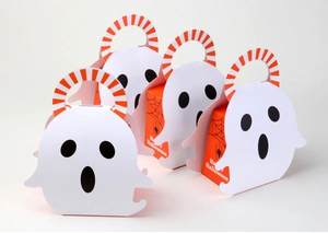Set of four ghost shaped Halloween gift boxes with orange sides and Happy Halloween print