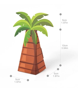Detailed dimensions of a palm tree shaped party candy box made of paper