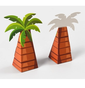 Detail of tropical palm tree shaped paper candy boxes for Middle East party favors