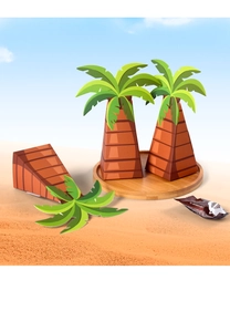 Detail of palm tree shaped candy boxes on a sandy beach with tropical party atmosphere