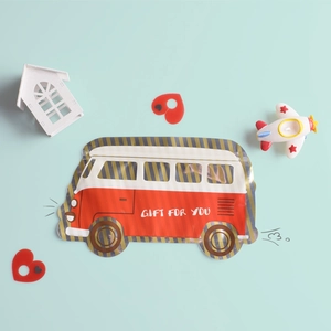 Red and white bus-shaped candy gift bag with Gift For You print on blue background