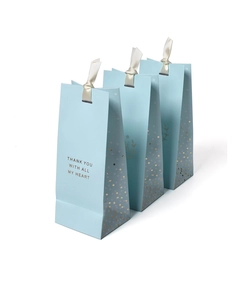 Detail of blue gift bags with gold polka dots, silk bow closure and Thank You text