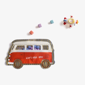 Red bus-shaped self-sealing candy bag with clear window and Gift For You print