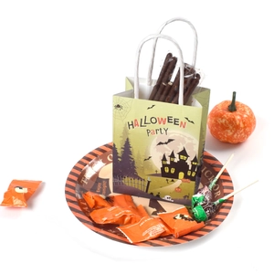 Halloween party gift bag and trick or treat paper plate set with assorted candies