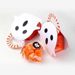 Ghost Halloween candy box with orange handles, spider web lining and spooky fest label