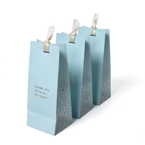 Light Blue Paper Gift Bag With Gold Foil Thank You And Cream Ribbon Bow For Wedding Party Favors Shopping