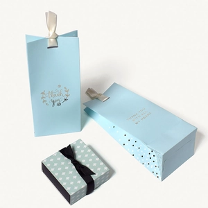 Sky blue business gift bags with gold foil Thank You print and floral jewelry box
