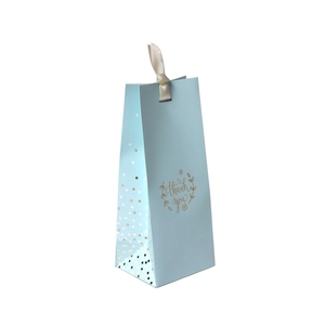 Blue business gift bag with gold thank you print and cream ribbon closure