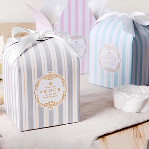 Elegant square striped gift boxes with satin ribbons and golden French Amour print