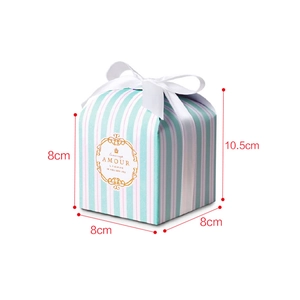 Square mint blue striped gift box with white satin bow measuring 8x8x10.5cm