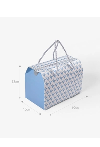 Detail showing dimensions of 19x10x13cm for the blue wave pattern gift box with handles