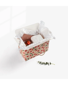Macro shot of cherry pattern gift box with woven handle and interior accessories