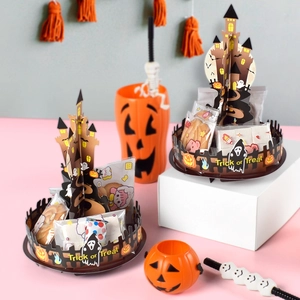 Halloween 3D Castle Tower Candy Holder Coated Paper Snack Stand With Pumpkin Ghost Patterns For Party Table Decor