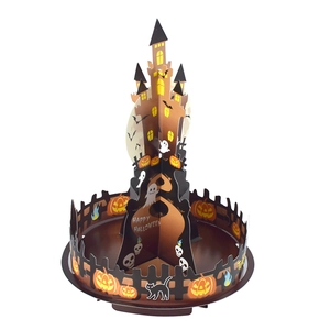 3D Halloween castle candy stand with Happy Halloween text and spooky pumpkin motifs
