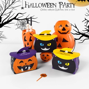 Halloween candy gift boxes featuring pumpkin and black cat designs with wizard hat lids