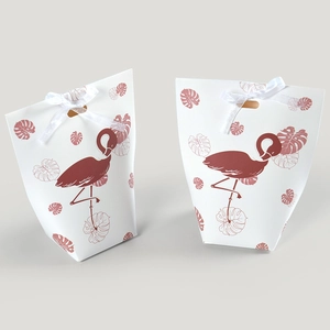 Elegant white gift bag with red flamingo and monstera leaf print featuring a white silk bow
