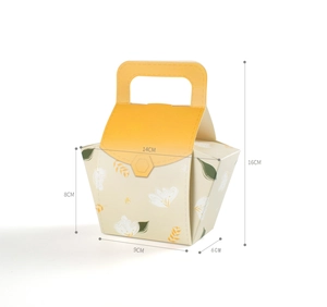 Detailed dimension guide for floral pastry gift box with yellow handle and measurements