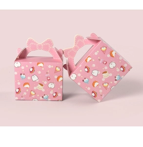 Detail of pink gift boxes with sweet treats illustrations and bow-shaped handles